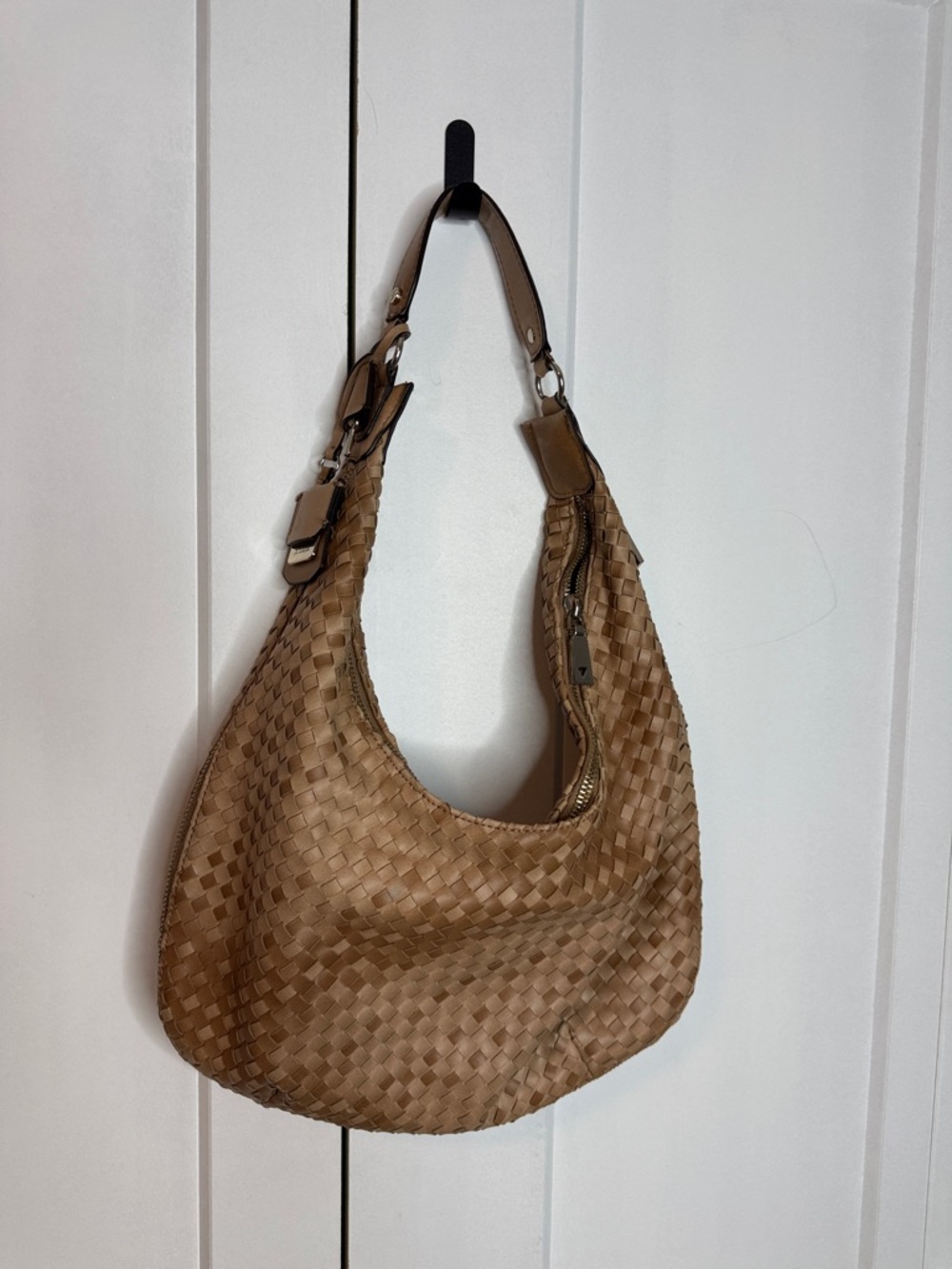 Guess Woven Shoulder Hobo Bag - Tan - expansion zipper